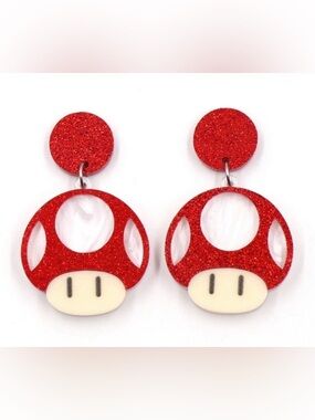 Mario Bro. Brothers Nintendo Earrings Mushroom New Glitter